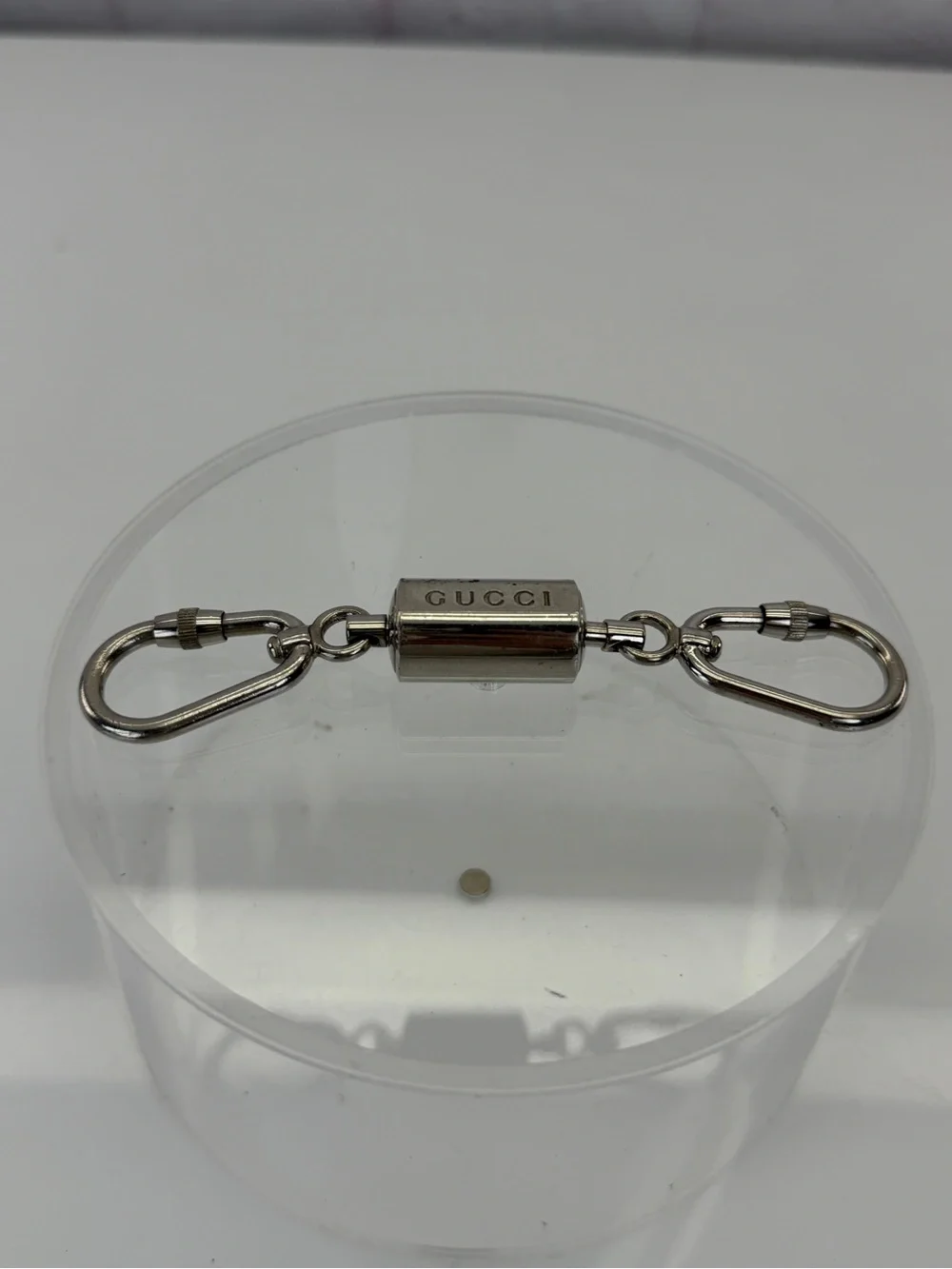 Gucci Logo Silver Tone Carabiner Double Key Ring Holder Charm Made in Italy Used